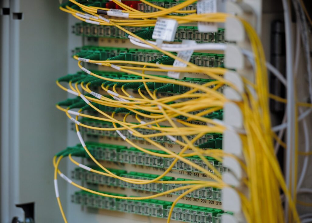 Fibre optic cables in a server rack